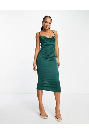 NaaNaa Satin slip midi dress with cowl front in Emerald