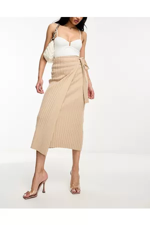 Pretty Lavish Wrap thigh split knit skirt in beige