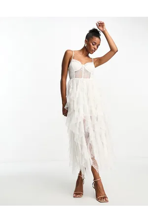 Miss Selfridge Bandeau bridal lace detail frill maxi dress with detachable straps in cream