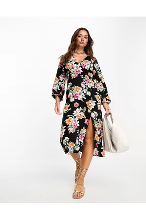 VILA V neck midi dress in black floral print