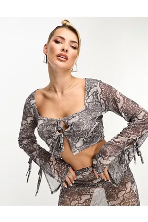 Kaiia Tie front sheer mesh top co-ord in snake print