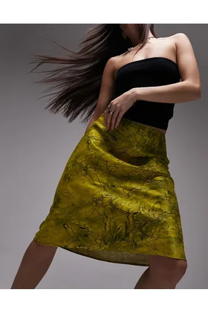 Topshop Marble crack print 90s length bias skirt in chartreuse