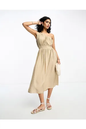 French Connection One shoulder ruched midi dress in beige