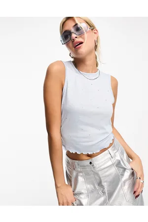 Noisy May Cropped scallop edge rhinestone vest in baby