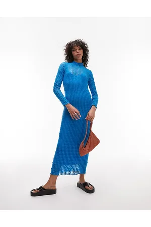 Topshop Textured long sleeve lace jersey midi dress in