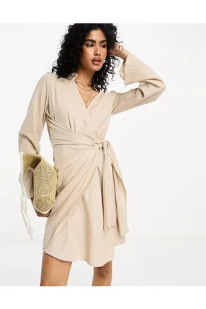VILA Linen touch wrap front mini dress in beige