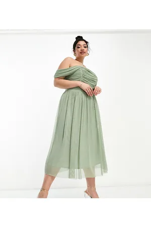 Little Mistress Bridesmaids bardot mesh midi dress in sage