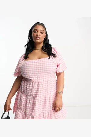 Influence Plus square neck puff sleeve beach dress in gingham
