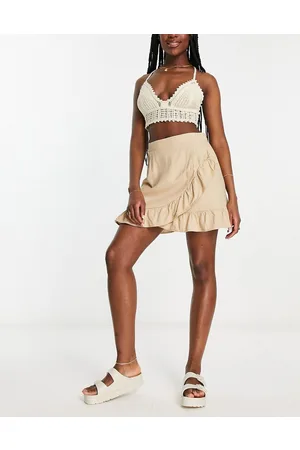 VERO MODA Linen touch frill wrap mini skirt in beige