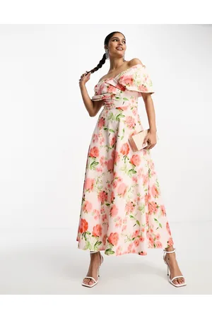 True Violet Folded midi prom dress in peach floral print