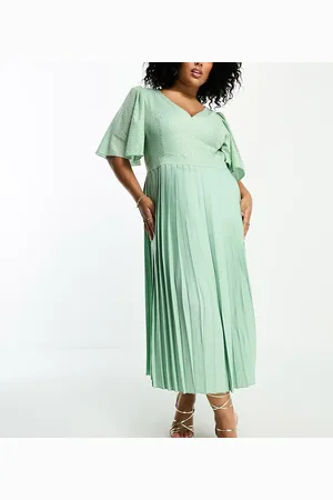 Little Mistress Plunge flutter sleeve midi dress in sage