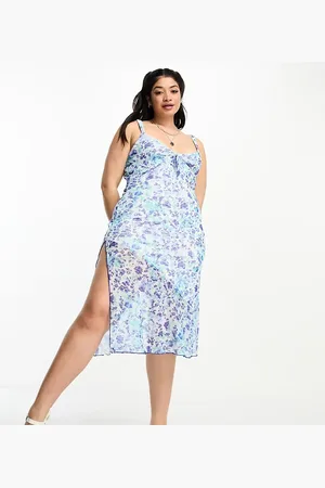 Tammy Girl Curve Tammy Girl Plus 90s cami midi dress in blue ditsy and bow detail