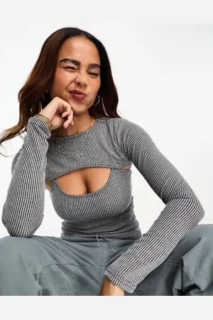 Miss Selfridge Rib 2 in 1 shrug top in charcoal