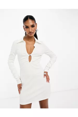 MANGO Ring detail long sleeve shirt bodycon mini dress in white