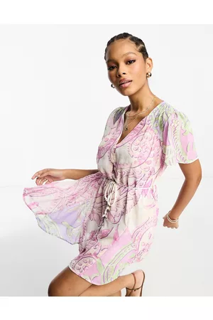 River Island Mix print mini beach shirt dress in purple
