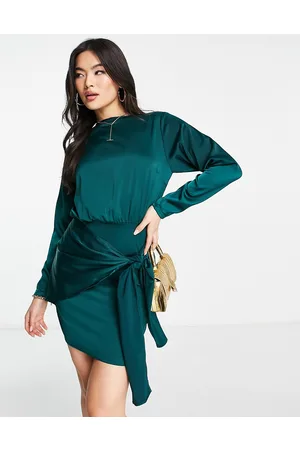 NaaNaa Long sleeve satin dress with wrap tie in teal