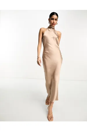 Pretty Lavish High neck satin midaxi dress in mocha