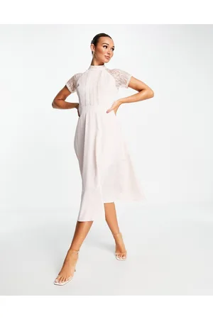 Liquorish A line lace detail midi dress in pale