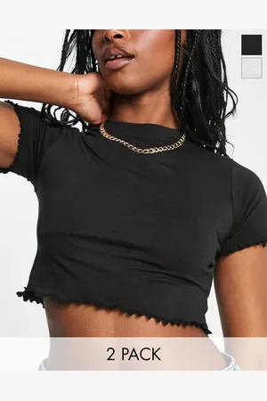 Daisy Street 2 pack jersey crop t-shirt with lettuce hem in grey and black