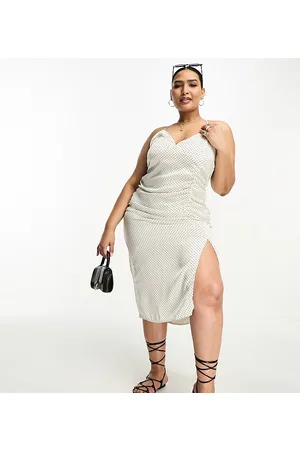 Missguided Satin spot ruched midi dress in cream