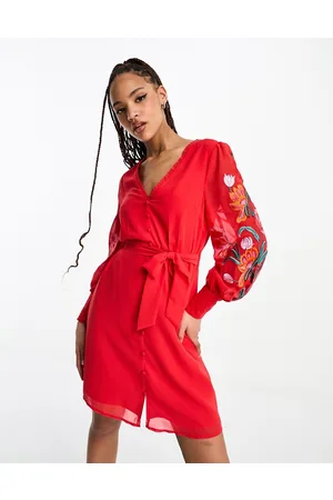 HOPE & IVY Long sleeve embroidered wrap mini dress in