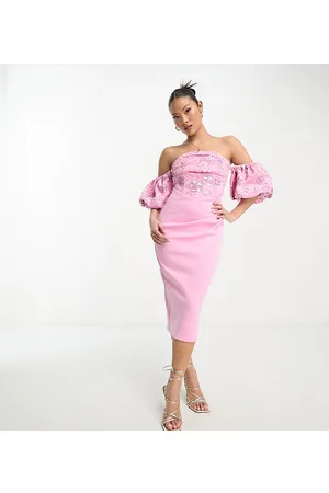 ASOS ASOS DESIGN Petite bardot puff sleeve midi dress with floral sequin embellishment in