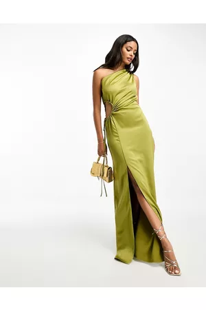 Style Cheat One shoulder satin cut-out midaxi dress in olive