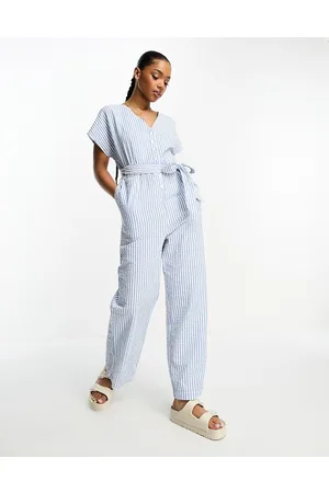 Monki Tie waist poplin jumpsuit in blue and white stripe