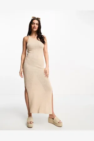 Stradivarius One shoulder crochet knitted maxi dress in natural