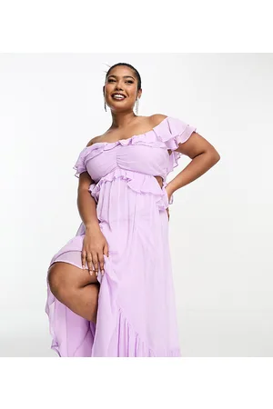 ASOS ASOS DESIGN Curve ruffle cut out off the shoulder maxi dress with hi low hem in lilac