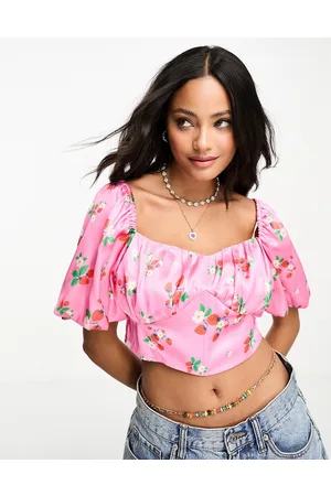 Influence Satin corset crop top in strawberry floral print