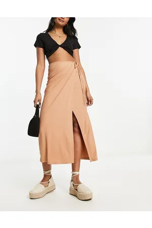 JDY Wrap sarong ribbed midi skirt in camel