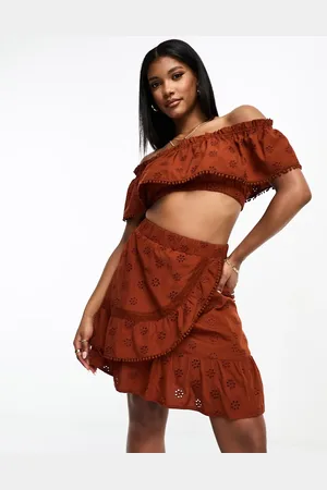 Threadbare Broderie wrap mini skirt in rust