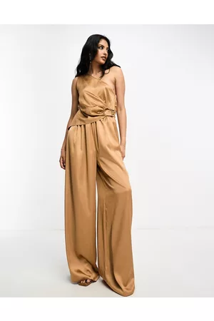 ASOS Satin drape jumpsuit with gold hardware in camel