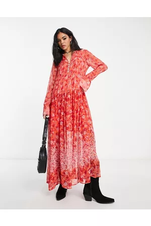 Free People Button detail floral print maxi dress in coral
