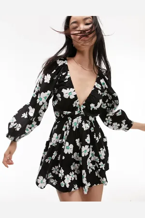 Topshop Elasticated channel long sleeve playsuit in floral