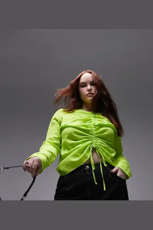 Topshop Curve long sleeve ruched front top in lime