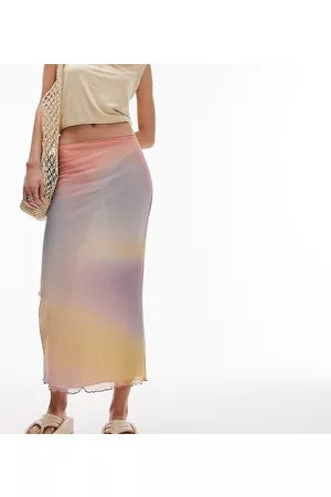 Topshop Mesh pastel blurred printed picot trim midi skirt in