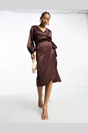 Never Fully Dressed Satin wrap midaxi dress in chocolate