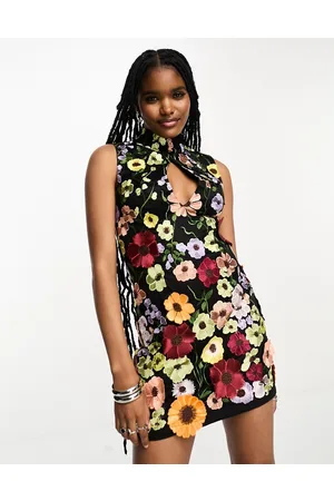 Amy Lynn Cleo high neck sleeveless mini dress in black based floral embroidery