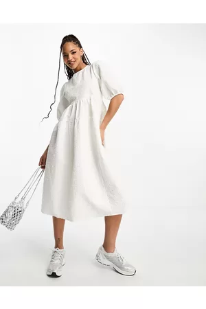 Monki Jaquard flower balloon sleeve midi dress in white