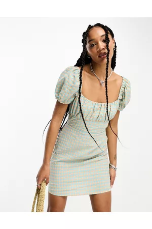 ONLY Seersucker open back milkmaid mini dress in and cream gingham