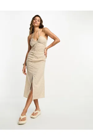 Urban Threads Ruched maxi dress in beige gingham