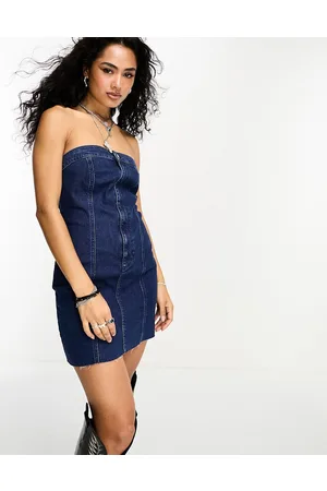 ONLY Strapless corset denim mini dress in dark