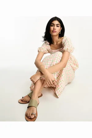 Lola May Shirred puff sleeve midi smock dress in check