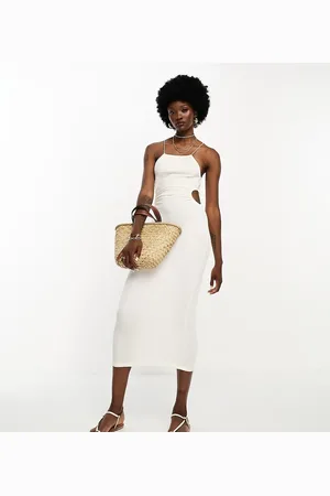JDY Exclusive halterneck cut out side linen look midi dress in