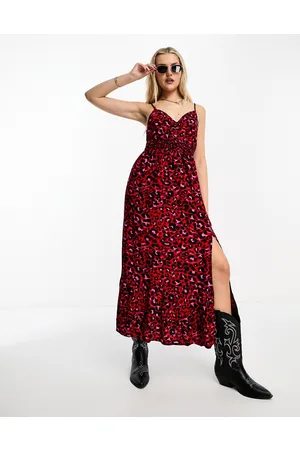Miss Selfridge Ruched bodice strappy maxi dress in red animal