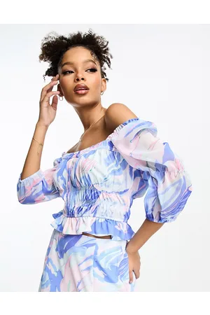French Connection Gathered mesh crop top in marble co-ord