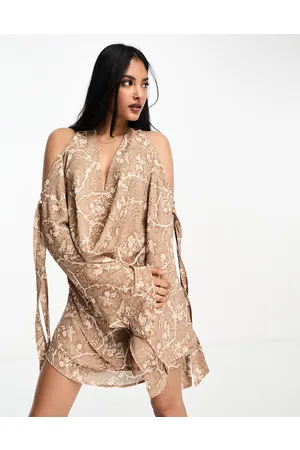 Annorlunda Barb wire floral plunge mini dress in taupe