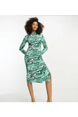 VILA Roll neck side split maxi jersey dress in swirl